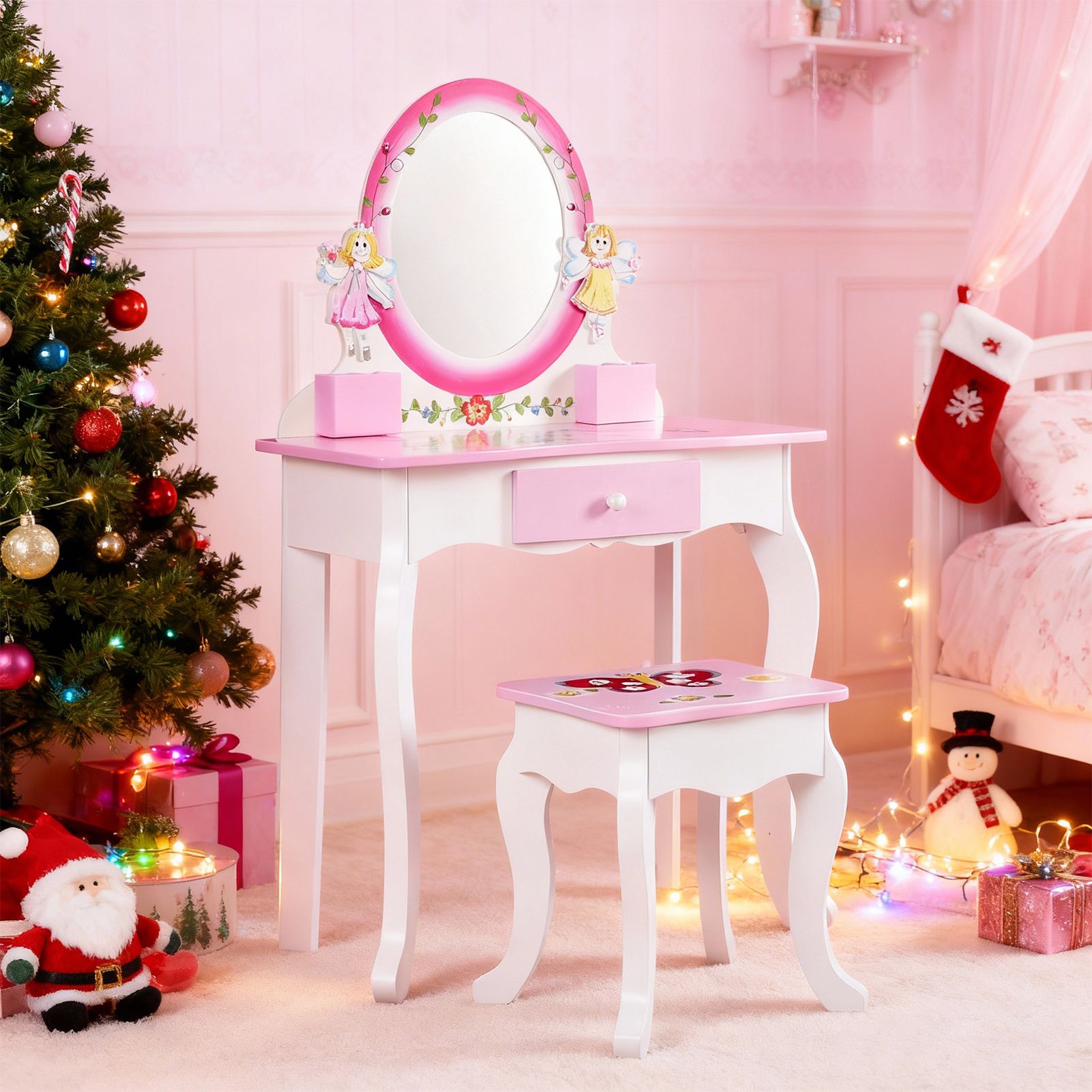 Beauty Makeup Table - Drewniany toaletka dla dzieci z kwiatowym